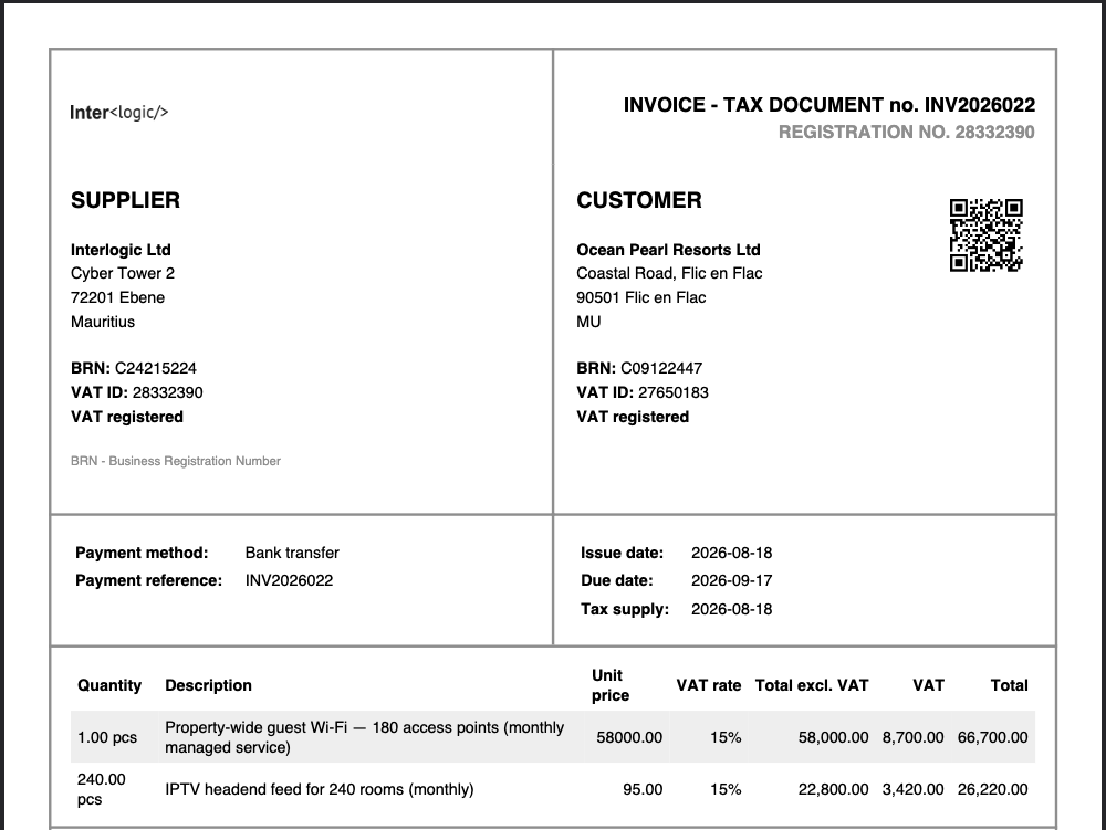 A Faktura tax invoice, INV2026022, with the MRA fiscalisation QR code printed top right.