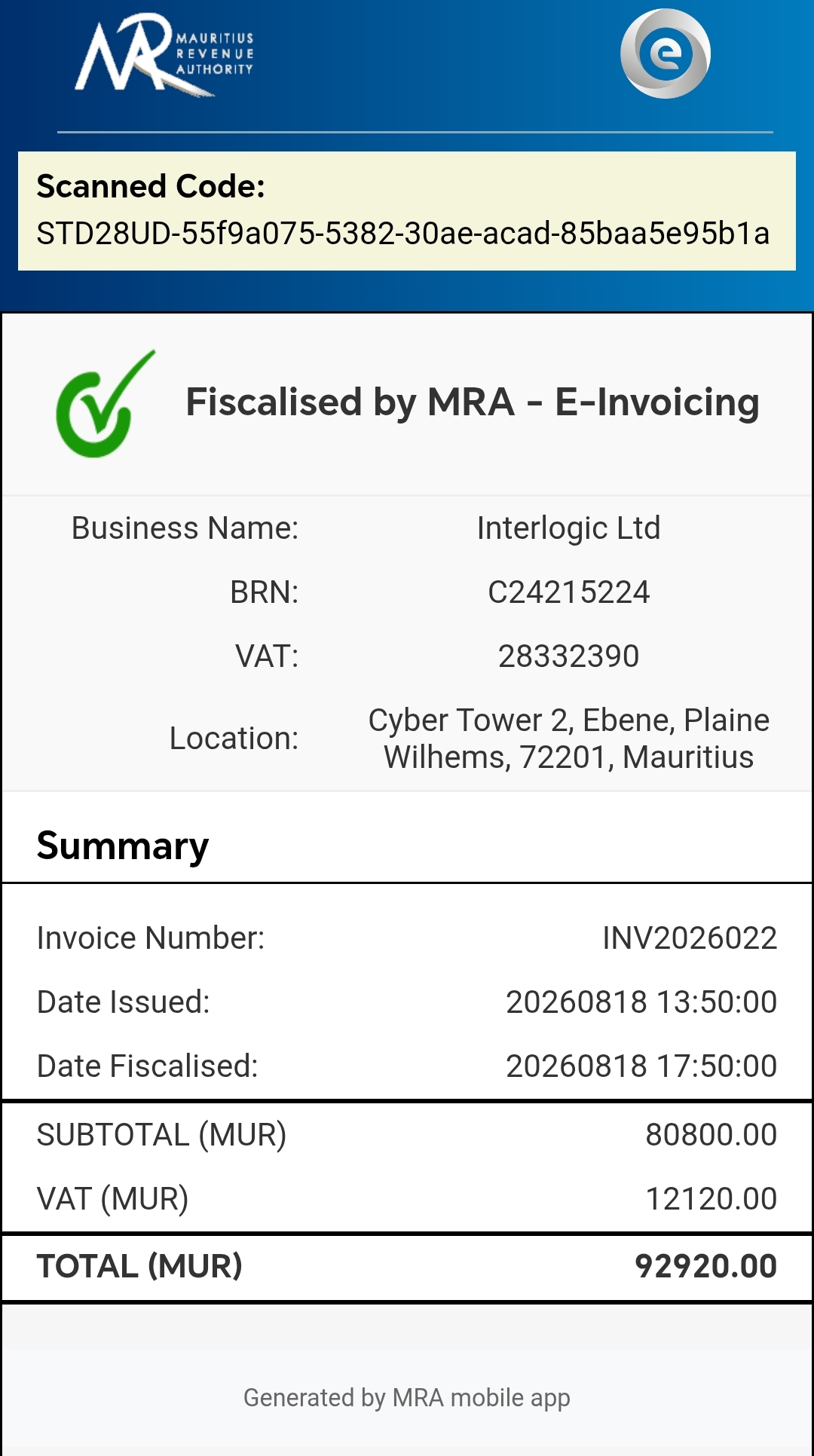 The MRA mobile app after scanning that invoice's QR code: Fiscalised by MRA — E-Invoicing, showing Interlogic Ltd, the invoice number and totals.
